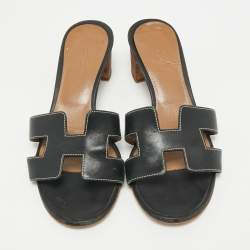 Pre Owned Hermes Black Leather Oasis Slide Sandals Size 35.5