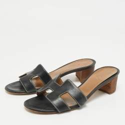 Pre Owned Hermes Black Leather Oasis Slide Sandals Size 35.5