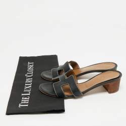 Pre Owned Hermes Black Leather Oasis Slide Sandals Size 35.5