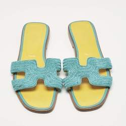 Pre Owned Hermes Blue Twisted Metallic Cord Oran Flat Slide Sandals Size 39.5