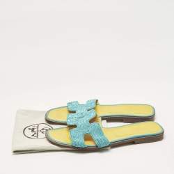 Pre Owned Hermes Blue Twisted Metallic Cord Oran Flat Slide Sandals Size 39.5