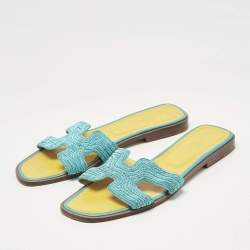 Pre Owned Hermes Blue Twisted Metallic Cord Oran Flat Slide Sandals Size 39.5