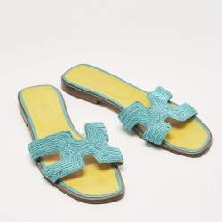 Pre Owned Hermes Blue Twisted Metallic Cord Oran Flat Slide Sandals Size 39.5