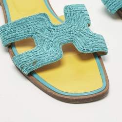 Pre Owned Hermes Blue Twisted Metallic Cord Oran Flat Slide Sandals Size 39.5
