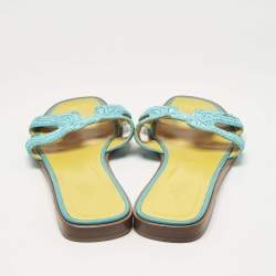 Pre Owned Hermes Blue Twisted Metallic Cord Oran Flat Slide Sandals Size 39.5