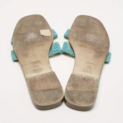 Pre Owned Hermes Blue Twisted Metallic Cord Oran Flat Slide Sandals Size 39.5