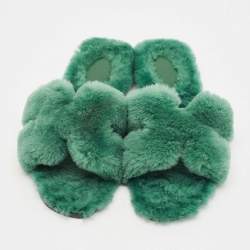 Pre Owned شباشب هيرمس أوران فرو فضفاض أخضر مقاس 37.5