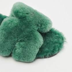 Pre Owned شباشب هيرمس أوران فرو فضفاض أخضر مقاس 37.5