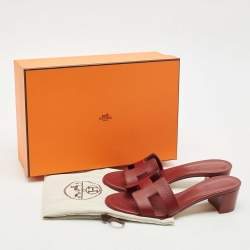 Pre Owned Hermes Burgundy Leather Oasis Slide Sandals Size 38.5 
