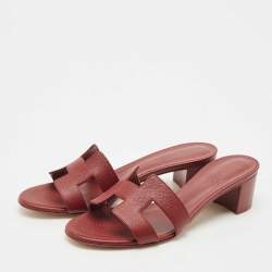 Pre Owned Hermes Burgundy Leather Oasis Slide Sandals Size 38.5 