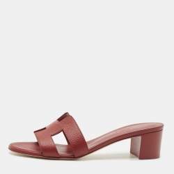Pre Owned Hermes Burgundy Leather Oasis Slide Sandals Size 38.5 
