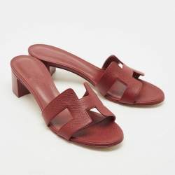 Pre Owned Hermes Burgundy Leather Oasis Slide Sandals Size 38.5 