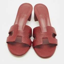 Pre Owned Hermes Burgundy Leather Oasis Slide Sandals Size 38.5 