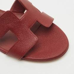 Pre Owned Hermes Burgundy Leather Oasis Slide Sandals Size 38.5 