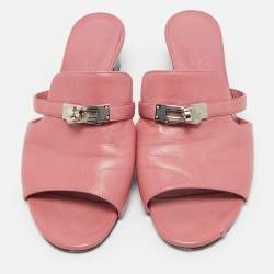 Pre Owned Hermes Pink Leather Cute Mule Sandals Size 38