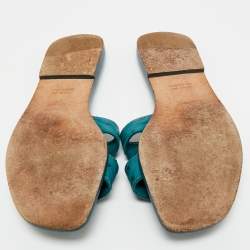 Pre Owned Hermes Blue Ostrich Leather Oran Flat Slides Size 38