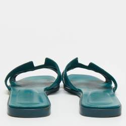 Pre Owned Hermes Blue Ostrich Leather Oran Flat Slides Size 38