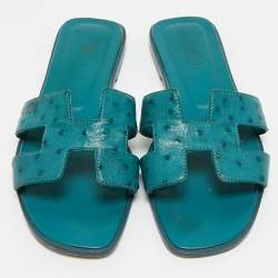 Pre Owned Hermes Blue Ostrich Leather Oran Flat Slides Size 38
