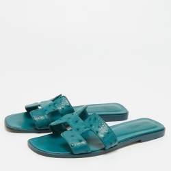 Pre Owned Hermes Blue Ostrich Leather Oran Flat Slides Size 38