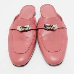 Pre Owned Hermes Pink Leather Palladium Plated Oz Mule Sandals Size 38