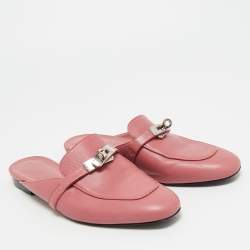 Pre Owned Hermes Pink Leather Palladium Plated Oz Mule Sandals Size 38