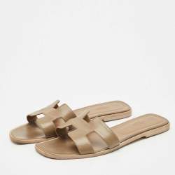 Pre Owned Hermes Brown Leather Oran Flat Slides Size 42