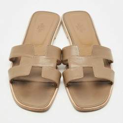 Pre Owned Hermes Brown Leather Oran Flat Slides Size 42