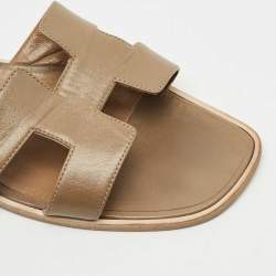 Pre Owned Hermes Brown Leather Oran Flat Slides Size 42