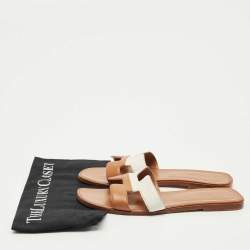 Pre Owned Hermes Brown/White Leather Oran Flat Slide Sandals Size 41