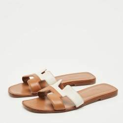 Pre Owned Hermes Brown/White Leather Oran Flat Slide Sandals Size 41