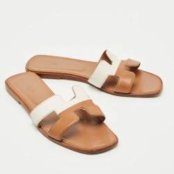 Pre Owned Hermes Brown/White Leather Oran Flat Slide Sandals Size 41