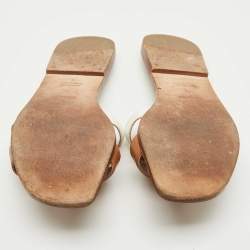Pre Owned Hermes Brown/White Leather Oran Flat Slide Sandals Size 41