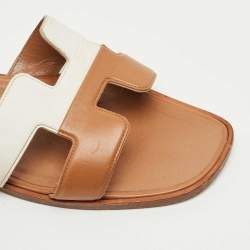 Pre Owned Hermes Brown/White Leather Oran Flat Slide Sandals Size 41