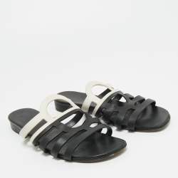 Pre Owned Hermes Black/White Leather Flat Slides Size 40