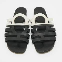Pre Owned Hermes Black/White Leather Flat Slides Size 40