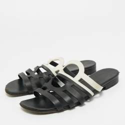 Pre Owned Hermes Black/White Leather Flat Slides Size 40