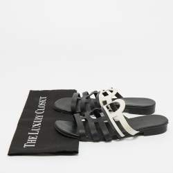 Pre Owned Hermes Black/White Leather Flat Slides Size 40