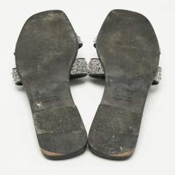 Pre Owned Hermes Silver Leather Crystal Embellished Oran Flat Slide Size 41.5