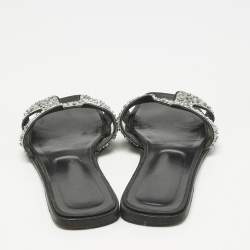 Pre Owned Hermes Silver Leather Crystal Embellished Oran Flat Slide Size 41.5