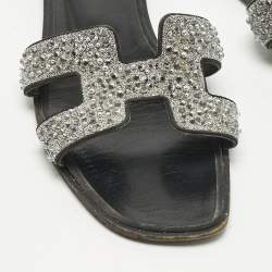 Pre Owned Hermes Silver Leather Crystal Embellished Oran Flat Slide Size 41.5