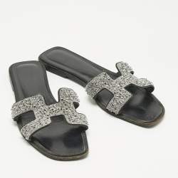 Pre Owned Hermes Silver Leather Crystal Embellished Oran Flat Slide Size 41.5
