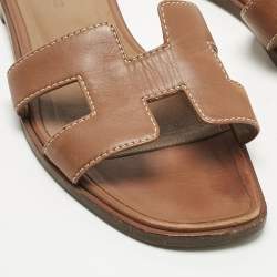 Pre Owned Hermes Brown Leather Oran Flat Slides Size 37