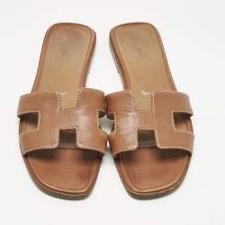 Pre Owned Hermes Brown Leather Oran Flat Slides Size 37
