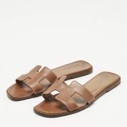 Pre Owned Hermes Brown Leather Oran Flat Slides Size 37