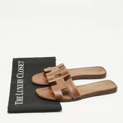 Pre Owned Hermes Brown Leather Oran Flat Slides Size 37