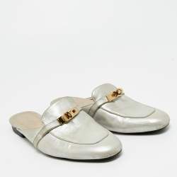 Pre Owned Hermes Silver Leather Oz Mules Size 39
