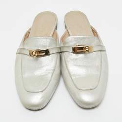 Pre Owned Hermes Silver Leather Oz Mules Size 39