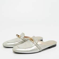Pre Owned Hermes Silver Leather Oz Mules Size 39