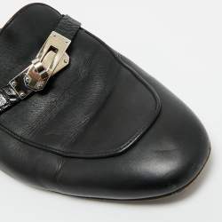 Pre Owned Hermes Black Leather Palladium Plated Oz Mule Sandals Size 39