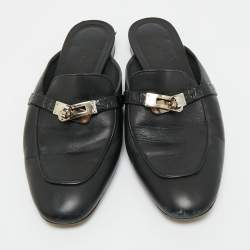Pre Owned Hermes Black Leather Palladium Plated Oz Mule Sandals Size 39